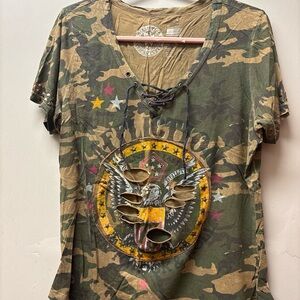 Affliction Green Camo Lace-Up Eagle Graphic Tee